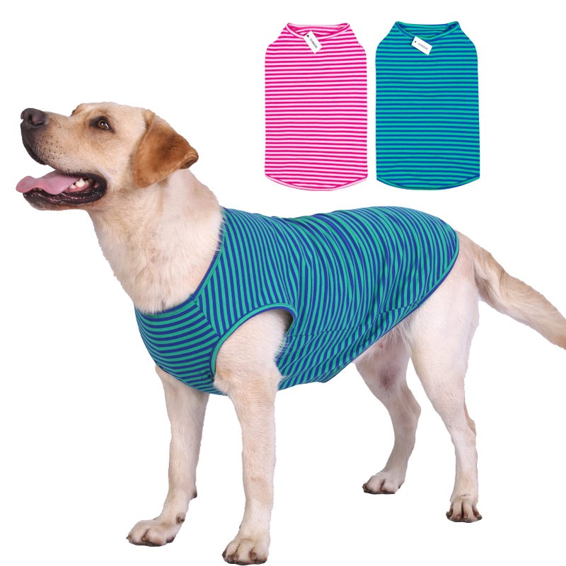 LEVIBASIC Dog Shirts Cotton Striped T-Shirts, Breathable Basic Vest for Puppy and Cat, Super Soft Stretchable Doggy Tee Tank Top Sleeveless, Fashion & Cute Color for Boys and Girls (XXL, Pink+Green) - Image 1